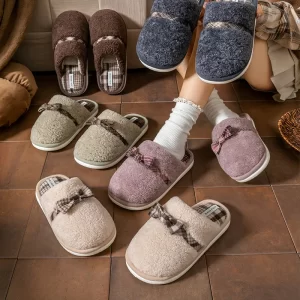 Cotton slippers for women in autumn and winter, new indoor thick soled warm bow, comfortable warm and non slip slippers
